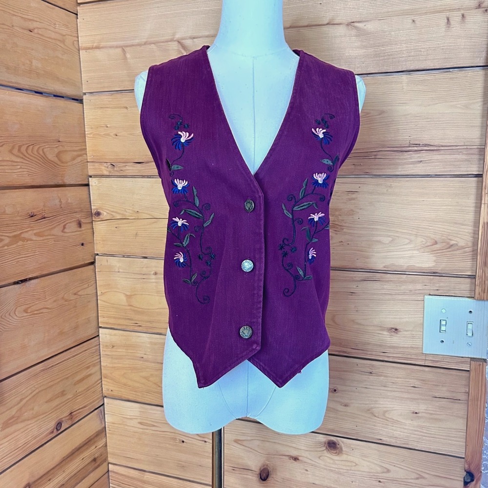 Vintage 90s Waistcoat Vest Medium Purple Embroidered Santa Barbara Clothing Co